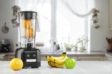 Blender, fruits and kitchen space