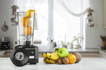 Blender, fruits and kitchen space