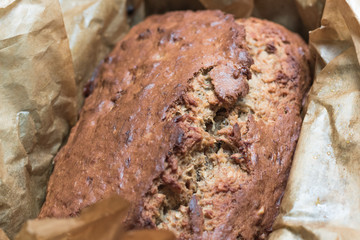 Banana bread freshly made in paper home made