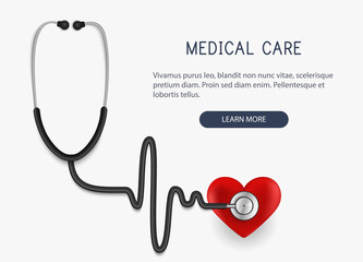 Medical care. Realistic stethoscope icon and heart. Vector illustration.