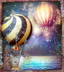 Gordijnen Bizarre en fantastische heteluchtballonnen die vliegen in een fantastisch en nachtelijk zeegezicht © Rosario Rizzo
