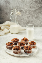 Delicious homemade Muffins with Milk on a marble board. Food background wiht copyspace. Toned image