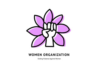 Female gender symbol and raised fist feminism vector icon or logo design illustration. Hand and flower Girl power logotype.