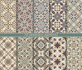 Vector set of ten seamless abstract patterns in shades of green and beige. Decorative and design elements for textile, book covers, manufacturing, wallpapers, print, gift wrap.