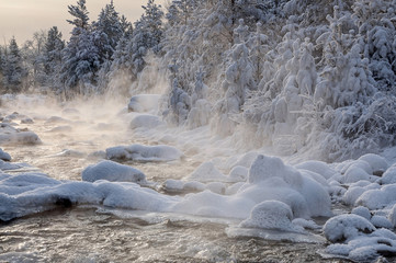 Mountain river in a snowy forest.
