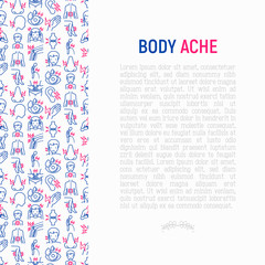 Fototapeta premium Body aches concept with thin line icons: migraine, toothache, pain in eyes, ear, nose, when urinating, chest pain, menstrual, joint, arthritis, rheumatism. Vector illustration for banner, print media.