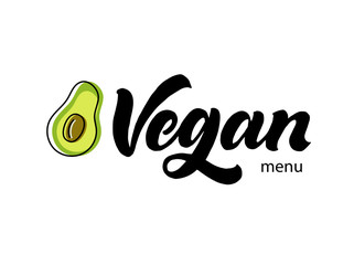 Vegan logotype. Handwriting calligraphy lettering with avocado vector illustration. Modern trendy brush pen hand drawn style logo.