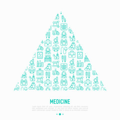 Medicine concept in triangle with thin line icons: doctor, ambulance, stethoscope, microscope, thermometer, hospital, z-ray image, MRI scanner, tonometer. Modern vector illustration.