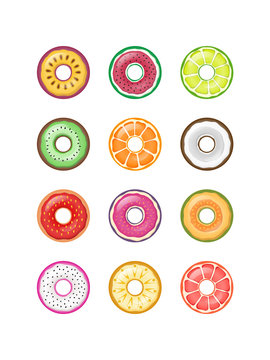 Colorful Fruit Donuts Vector Set Collection Isolated On White