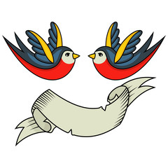 Naklejka premium Swallow bird tattoo and ribbon banner for an inscription. Old school retro style vector illustration on white background.