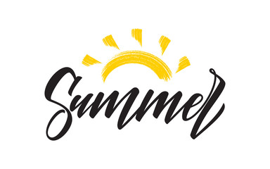 Handwritten type lettering composition of Summer with hand drawn brush sun