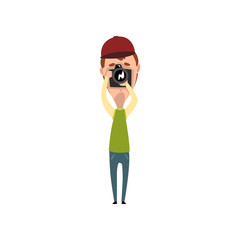 Male photographer, paparazzi, blogger or journalist taking photo vector Illustration isolated on a white background