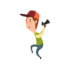 Professional male photographer paparazzi with photo camera, paparazzi, blogger or journalist taking photo vector Illustration on a white background