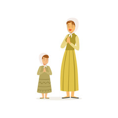 Mother with her daughter prays to the Lord. Woman and little girl in long dresses and headscarves. Religious family. Cartoon people characters. Flat vector design