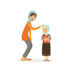 Cartoon character of Christian woman and her daughter dressed in headscarves. Mother and child. Girl holding holy book. Religious family. Flat vector design