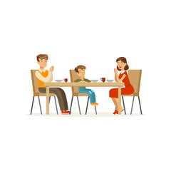 Catholic family praying before meal. Father, mother and son sitting at dining table. Cartoon character of man, woman and boy. Religious people. Flat vector design