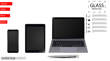 Realistic set, the tablet, the laptop, phone on a white background. Vector illustration