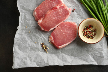 Raw pork steaks and spice