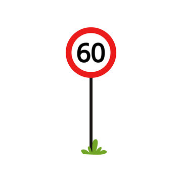 Red round sign with number 60 - indicate maximum speed limit. Flat vector design for book of traffic rules, mobile app or infographic poster