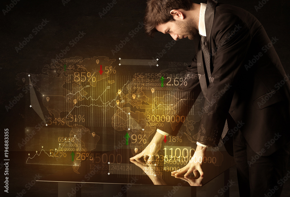 Poster Hands navigate on high tech smart table with business icons