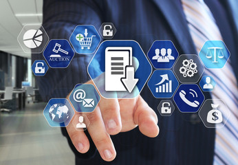 The businessman chooses Document management system, DSM on the virtual screen in social network connection.