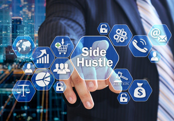 The businessman chooses the Side Hustle  on the virtual screen in the business network connection.