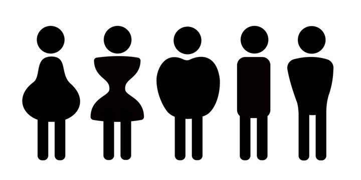 Different body shapes, physique frames and types of figures - pear, hourglass, apple, rectangular, triangle. Vector illustration of simple pictograms.