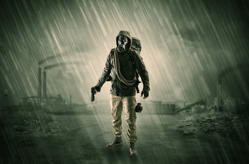 Fototapeta premium Gas masked men in demolished environment