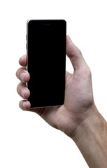 Male hand holding black cellphone with black screen at isolated white background.