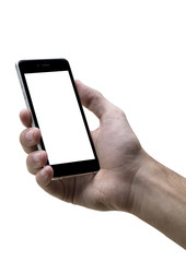 Male hand holding black cellphone with white screen at isolated white background.