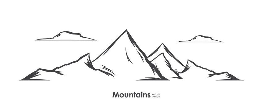 Hand drawn Mountains sketch background. Line design. Emblem template