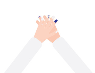 Two hands with blue and white nail polish and israel flag nail decoration