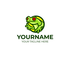 Fototapeta na wymiar Frog and amphibian logo template. Red-eyed tree frog and toad vector design. Tropical animal illustration