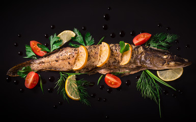 Cooked pike with tomato, lemon and dill. Black background. Top view.