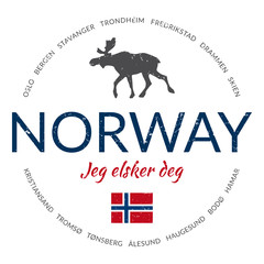 Grunge button with flag ("Norway - I love you")