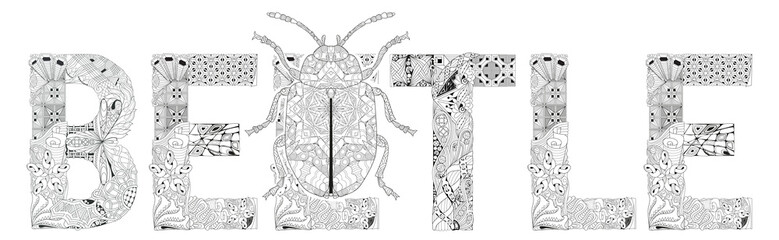 Word beetle for coloring. Vector decorative zentangle object