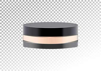 Cosmetic realistic glass jar with black lid with compact mineral powder or other Cosmetic beauty make up product,vector illustration.Mockup of plastic container isolated on transparent background.