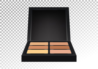 Cosmetic realistic plastic black compact pallet with means for face correction, concealers. Cosmetic beauty make up product package template,vector illustration.Isolated on transparent background.