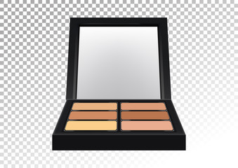 Cosmetic realistic plastic black compact pallet with means for face correction, concealers. Cosmetic beauty make up product package with mirror,vector illustration.Isolated on transparent background.