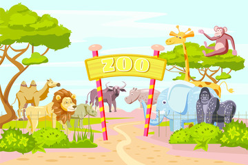 Obraz na płótnie Canvas Zoo entrance gates cartoon poster with elephant giraffe lion safari animals and visitors on territory vector illustration
