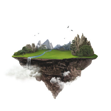 Isolated green floating island with mountain and waterfall flying high in the sky