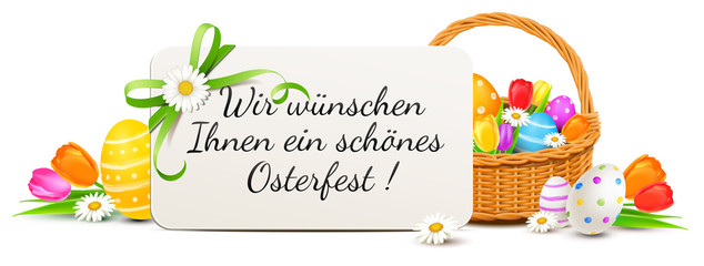 Grußkarte mit bunten Ostereiern und Osterkorb - Wir wünschen Ihnen ein schönes Osterfest!