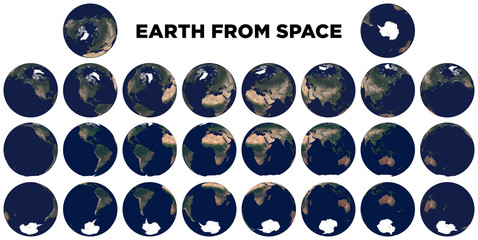 Earth from space. Set of satellite images of planet Earth. Realistic photo of Earth frome above. Space views of hemispheres. Texture of Earth. Elements of this image furnished by NASA. - 196889169