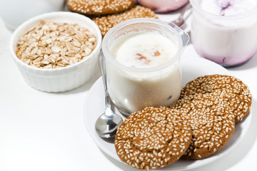 fruit yoghurt and oatmeal cookies, top view