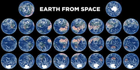 Earth from space. Set of satellite images of planet Earth. Realistic photo of Earth frome above. Space views of hemispheres. Texture of Earth. Elements of this image furnished by NASA. - 196890773