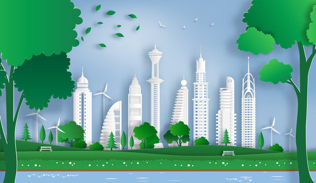 Paper art style of landscape with eco green city, save the planet and energy concept, flat-style vector illustration.