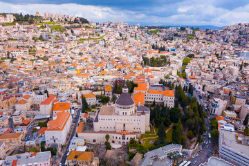 Aerial image of the Basilica of the Annunciation over the old city houses of Nazareth 