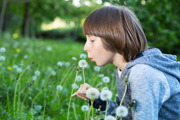 Boy blowing dandelion over blured green grass, summer nature outdoor