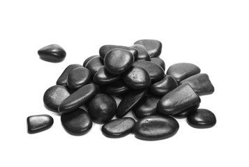 Pile black rocks isolated on white background, top view