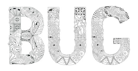 Word BUG for coloring. Vector decorative zentangle object